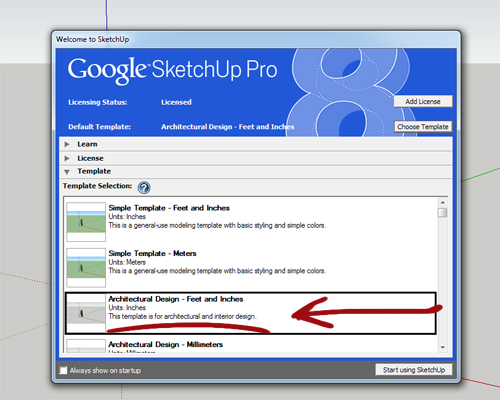 Sketchup template selection