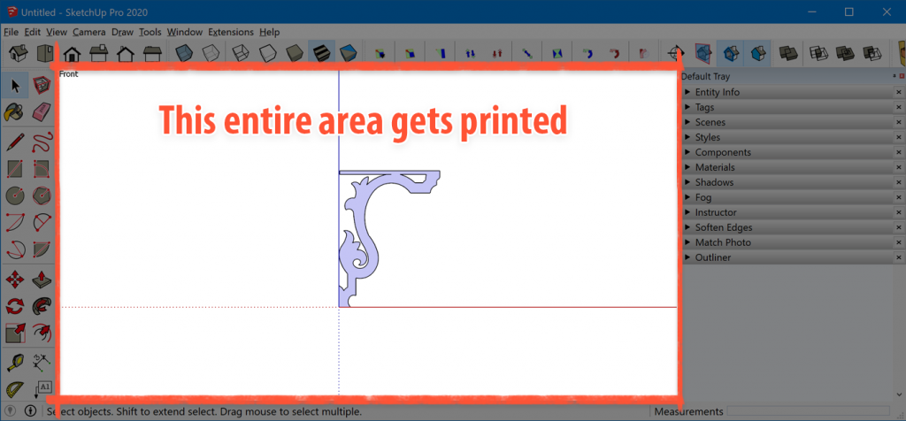 Entire area of the SketchUp workspace gets printed.