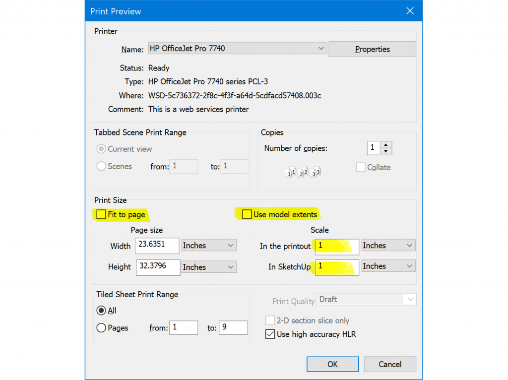 SketchUp Print Preview settings for full scale printing.