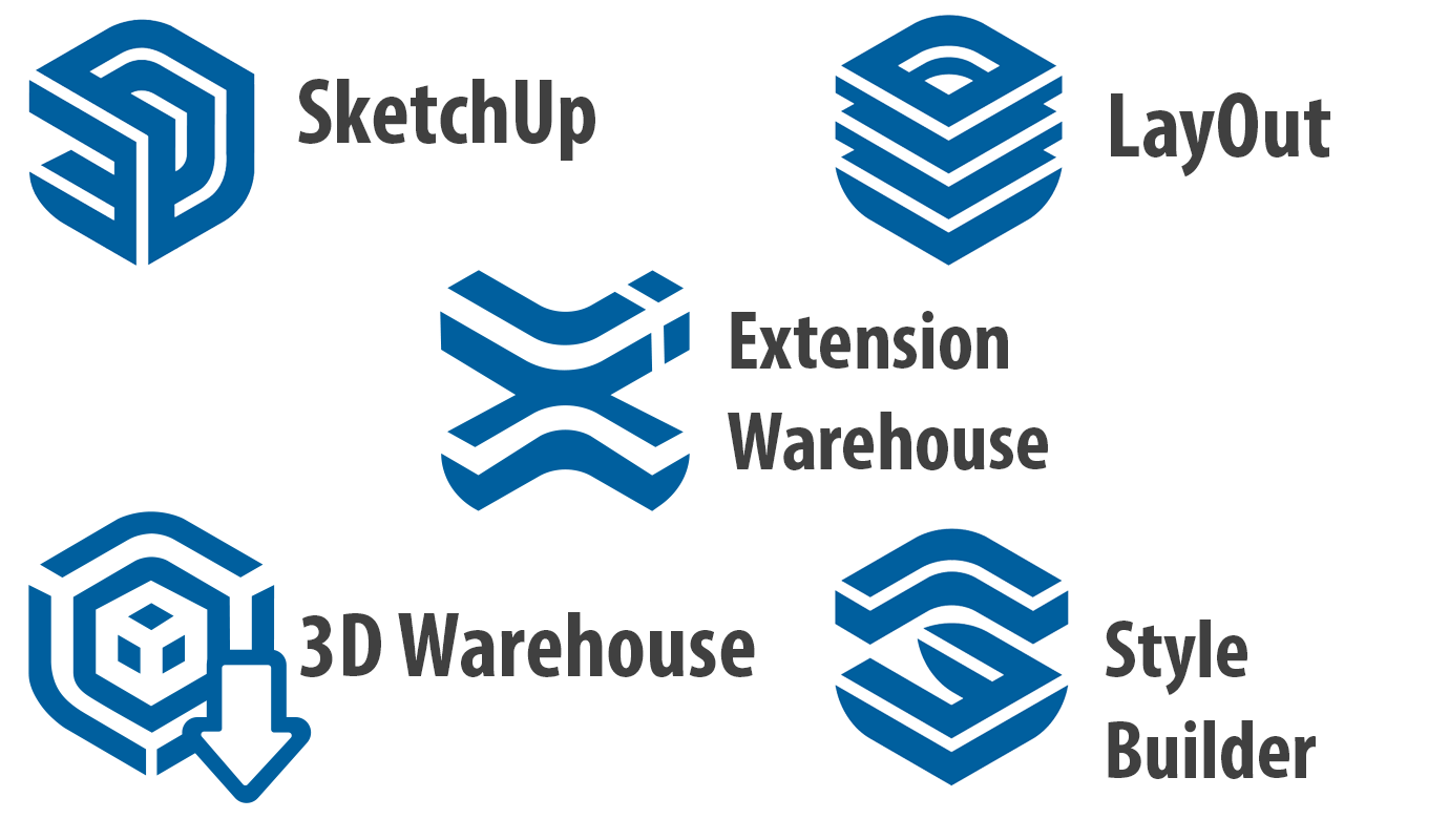 New SketchUp logo, LayOut logo, Extension Warehouse logo, 3D Warehouse logo, Style builder logo
